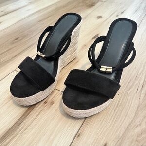 Black Wedge Sandals faux suede with gold accents
